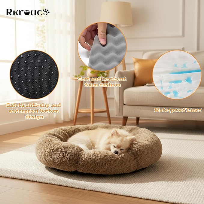 Fluffy Dog Bed Calming Donut Beds for Large Dogs Warming Round Small Medium Pet Nest Cozy Cat Mattress Indoor Washable Puppy Kennel Kittens Sleep Mat (XL, 43.3×43.3 inch, Light Brown)