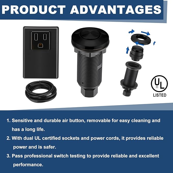 Garbage Disposal Air Switch Kit Wireless Sink Top Garbage Disposal Button Stainless Steel/On/Off Waterproof Button Kit with Long Switch Matte UL Listed(Single Outlet,Black,Short Size)
