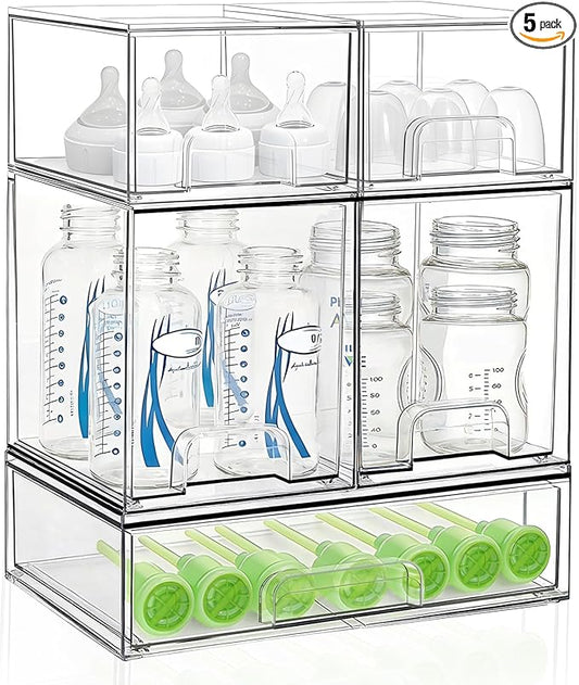 Bottle Storage Organizer Baby: Clear Stackable Storage Drawers, Acrylic Bottles Station Organizer for Countertop, Vanity, Bathroom, Cabinet Organization - 5 Pack