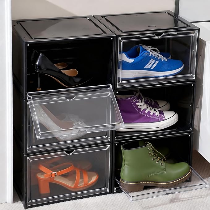 KUILONG 6-Pack Stackable Shoe Boxes with Magnetic Closure, Transparent Gray Shoe Organizer and Storage Container for Sneaker Display(Gray, XL-6PCS)