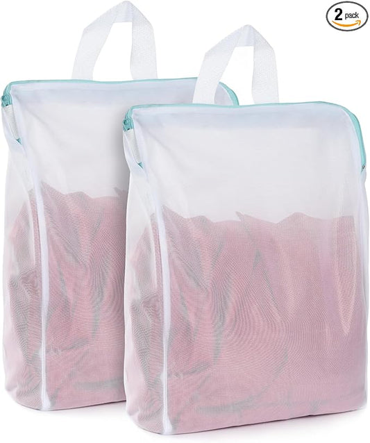 OTraki 12x16 Inch Mesh Laundry Bag 2 Pack Small Lingerie Bags with Handle and Zipper Fine Mesh Bags Delicate Washable Laundry for Home Colleage Travel Don't Drying, Melting 140-176℉, White