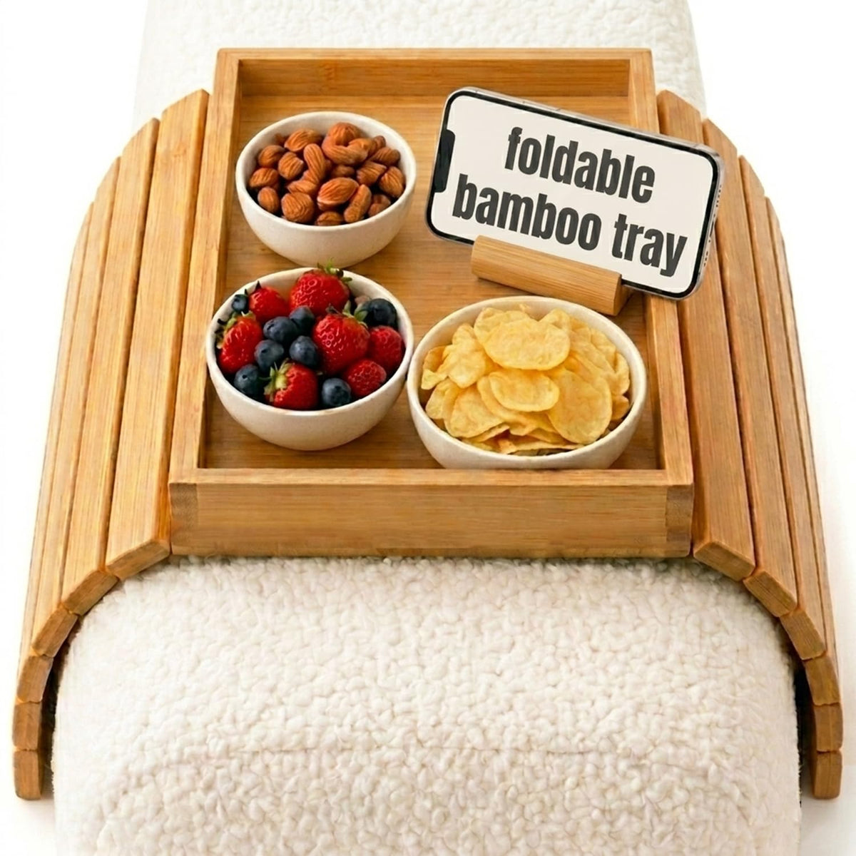 Foldable Bamboo Couch Arm Tray, Portable Armrest Caddy - Image 1