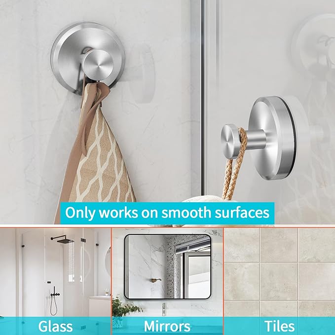 Suction Cup Hooks for Shower, Bathroom, Hanging Towels, Loofah, Robe, Mounting on Shower Glass Doors, Tile, Mirrors, Brushed Nickel, Rubber Suction Cup, 4-Pack
