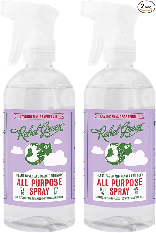 Rebel Green Natural All-Purpose Cleaning Spray - Plant-Derived Multi-Surface Cleaner with Essential Oils for Kitchen, Bath, Countertops and More - Lavender & Grapefruit Scent - 16 oz - 2 Pack