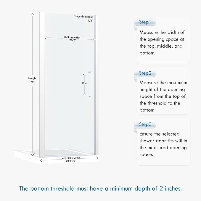 Frameless Pivot Shower Door 30.8-32" W X 72" H, 1/4" (6mm) Clear SGCC Tempered Glass, Hinged Pivot Swing Shower Door, Reversible Installation, Easy to Clean, Brushed Nickel