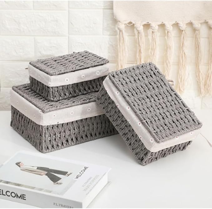Wicker Shelf Basket with Lid Paper Storage Baskets for Shelves Medium Storage Bin with Removable Liner Nesting Decorative Woven Basket for Makeup Closet Organizer (Medium, Grey)