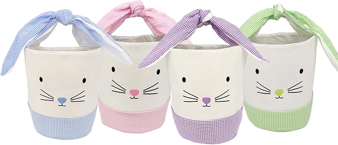Easter Bunny Canvas Basket, Easter Egg Basket, Bunny Face, White with Gingham Pattern, 8x10 Inches, Foldable Tie Handle (Purple)