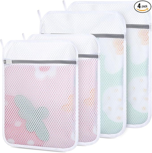 4 PCS Durable Honeycomb Mesh Laundry Bags for Delicates with Zipper, 12" x 16"+16" x 20" Reusable Laundry Bag Mesh Wash Bags for Washing Machine for Clothes, Shoes, Socks, Bra (2M + 2L, White)
