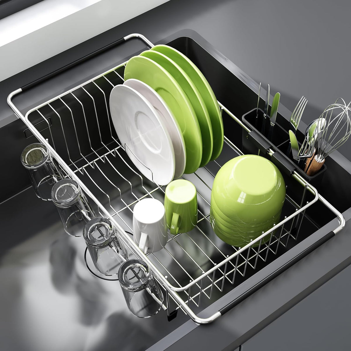 JASIWAY Dish Drying Rack in Sink, Dish Drainer with Cup - Image 1