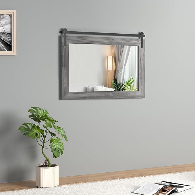 COGOOD Farmhouse Barn Door Mirror - 29" x 22" Rustic Wood Framed Wall Mirror for Bathroom, Living Room, Entryway Wall Decor (Grey)