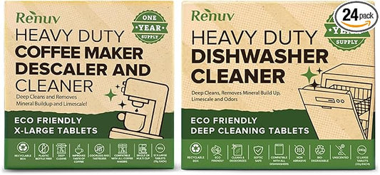 Renuv® Dishwasher Cleaner + Coffee Maker Cleaner Bundle - Heavy Duty Kitchen Appliance Deep Cleaning, Descaling, (12 Tablets of each)