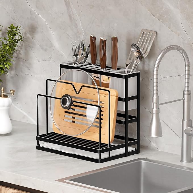 Universal Knife Block Holder, Kitchen Knife Holder Storage Organizer, Stainless Steel Cutting Board Rack Pot Pan Lid Holder for Countertop, Cabinet