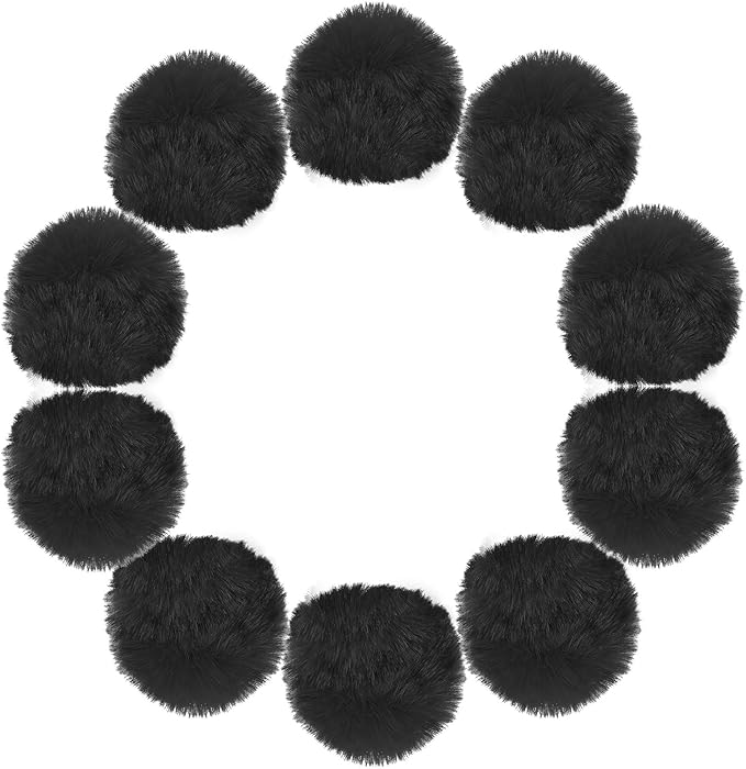 uxcell 3.5 Inch Faux Fur Pom Pom Balls, 10 Pcs Black Fluffy Soft Faux Fur Pom Poms for Hats with Elastic Loop for DIY Knitting Hats Keychain Scarves Gloves Bags Shoes Accessories