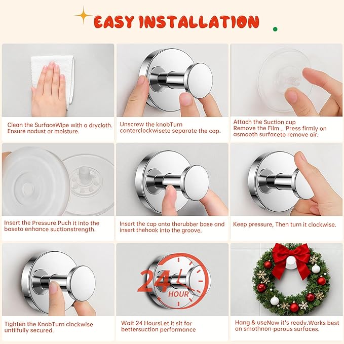 Suction Cup Hooks, Suction Cup Hooks for Shower,Removable Towel Hooks for Bathroom Window Glass Door Wall, Bath Robe Looafh Wreath Hook for Hanging (Bright Silver)