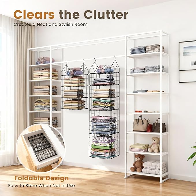 2 Pack Hanging Closet Organizer, 5 Tier Stackable Closet Organizer Foldable Closet Organizers and Storage Hanging Shelves with Hanging Hooks for Closet Clothing Sweaters Pants Shoes Handbags