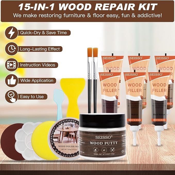 Wood Furniture Repair Kit, 6 Colors Wood Filler Hardwood Laminate Vinyl Floor Repair Kit, with Wood Putty, Wood Polish Wax for Hole, Scratch, Crack, Stain (Walnut Wood 15Pcs)