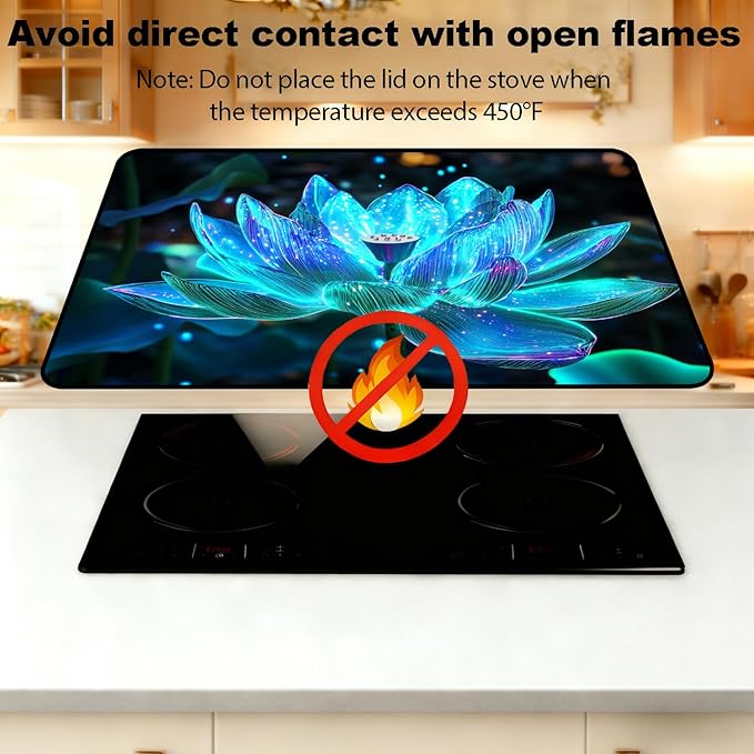 Glass Stove Top Covers for Electric Stove, Heat Resistant Counter Protector Mat, Non Slip Waterproof Surface Cover for Kitchen Counter and Cooktop (Glowing Blue Lotus, 28"L x 20"W)