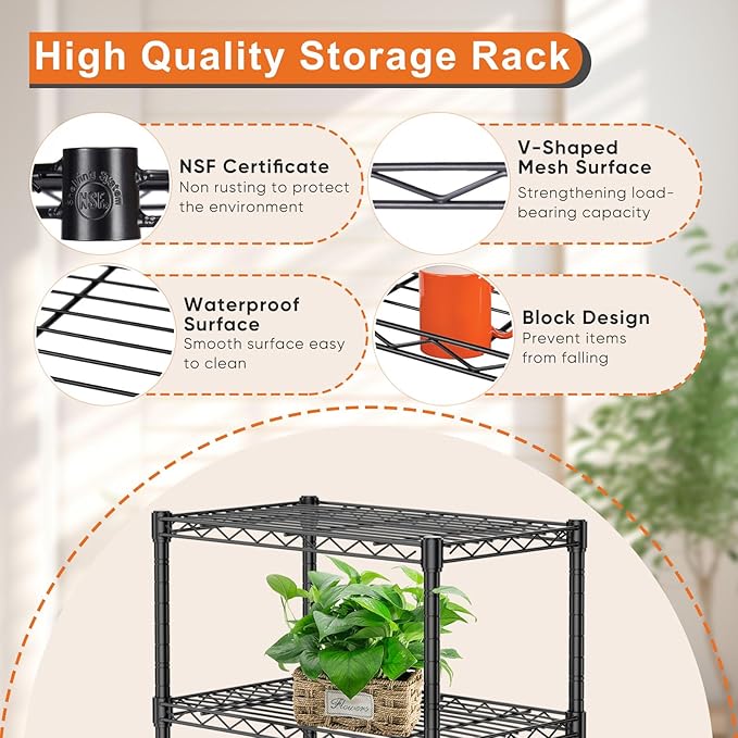 5-Wire Shelving Metal Storage Rack, Adjustable Steel Wire Racks, Heavy Duty Standing Shelf Organizer for Kitchen, Closet, Pantry, Garage, Laundry, Bathroom, Black