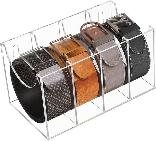 4 Compartments Acrylic Belt Organizer, Clear Belt Storage Organizer for Closet, Wall Mount Belt Holder