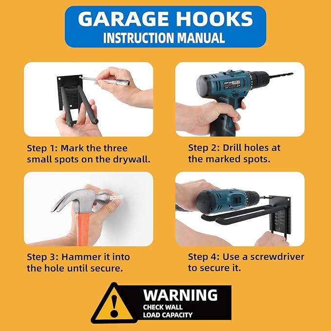 12 Pack Garage Hooks Heavy Duty 10 INCH Double-Layer Steel Shed Wall Mount Workshop Garage Storage Organizer Hooks for Hanging Garden Tool, Hose, Ladder, Chairs, Bikes with Anti-Slip Coating