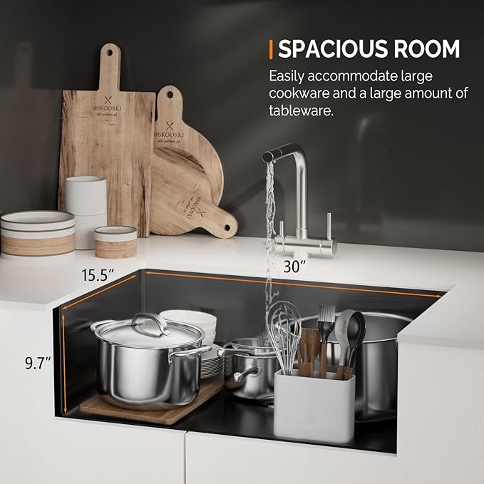 ROVSUN 30 Inch Stainless Steel Undermount, Kitchen Utility Sink, Workstation Deep Single Bowl, Integrated Ledge Multifunctional Workstation Sink Set,Black