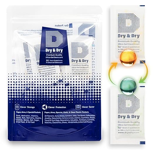 Dry & Dry 10 Gram [20 Packets] Premium Orange Indicating Silica Gel Packets Desiccants - Food Safe Silica Packets Silica Gel Silica Gel Packets - Indicating (10 Gram)