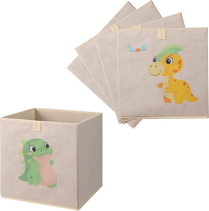 Navaris Toy Storage Boxes - Kids Bedroom Cube Baskets w/ Pull-Out Loop - Fabric Collapsible Box Drawers Unit for Shelves - Compatible with Ikea Kallax Inserts - Set of 4 Dinosaurs