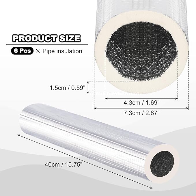 PATIKIL 1.3ft Length 43mm(1-11/16") ID 73mm OD Pipe Insulation Foam Tube, 6 Pcs 15mm Thick Self Adhesive Pipe Freeze Protection Wrap with Aluminum Foil for Outdoor Winter Irrigation