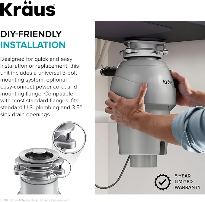 KRAUS WasteGuard 1/3 HP Continuous Feed Garbage Disposal with Ultra-Quiet Motor for Kitchen Sink with Power Cord and Flange Included, KWD201-33MCG