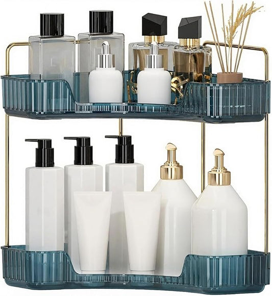 Corner Bathroom Countertop Organizer, Vanity Organizer Trays for Counter, Makeup Organizers, Perfume Tray, Skincare Shelf Storage Gifts for Women Girl Student (Blue, 2 Tiers)