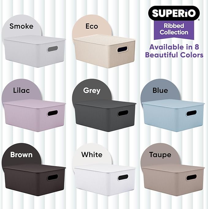Decorative Plastic Basket Lidded Home Storage Bins Organizer Baskets, Large White (1 Pack - 15 Liter) Stackable Container Box, for Organizing Closet Storage Bins for Shelves - Ribbed Collection
