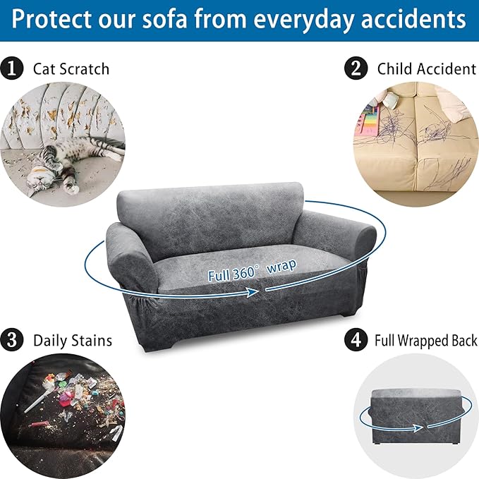 Loveseat Sofa Slipcover Leather Look Couch Covers for 2 Seater Couch Sofa 1-Piece Sofa Cover Stretch Furniture Protector with Elastic Bottom & Pockets(Loveseat, Light Grey)