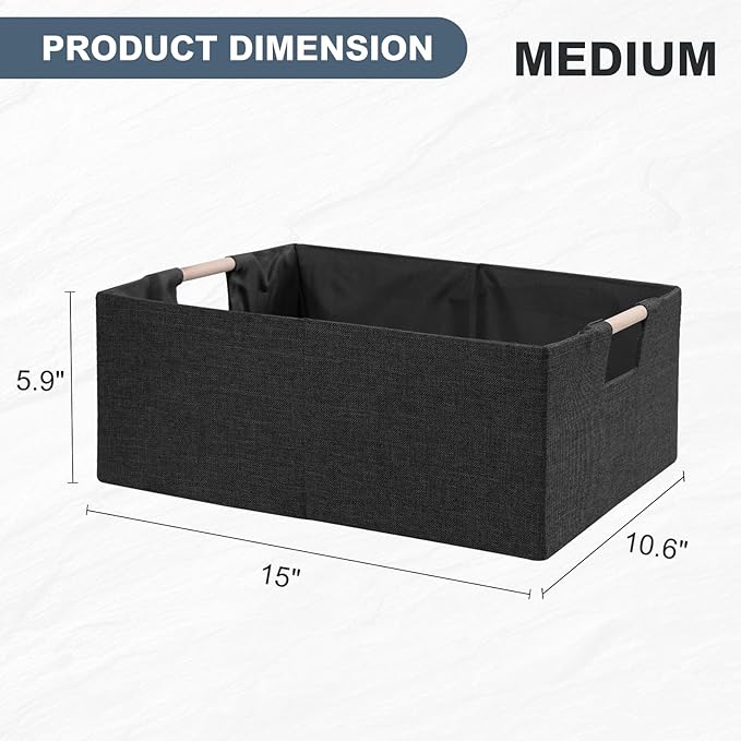ANMINY 2PCS Storage Baskets for Organizing Collapsible Fabric Storage Bins Boxes with Wood Handles Closet Shelves Cube Organizer Bins Clothes Laundry Storage Container - Medium, Black