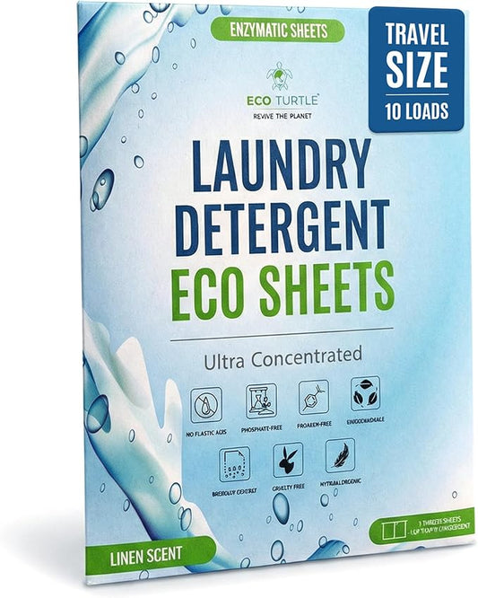 Eco-Friendly Travel Size Laundry Detergent Sheets - 10 Loads Ultra Concentrated, Stain-Fighting Enzymes & Plant Powered, Compact Washer Sheets, Pocket Friendly, Hot/Cold Cycles, Tough on Stains & Odor