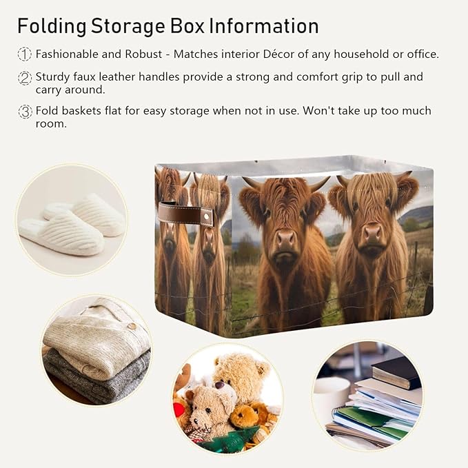 Storage Basket Scottish Highland Cow Rectangular Collapsible Canvas Shelves Storage Bins with Leather Handles for Shelves Home Closet Bedroom Living Room, 1Pack