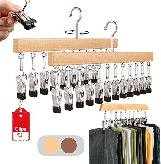 Closet Organizer with 10 Clips - Space Saving Hanging Closet Organizer, 2026 Upgraded Legging Hangers for Closet, 360° Rotating Metal Clips with Silicone Lining for Clothes (New-Wood, 2PCS)