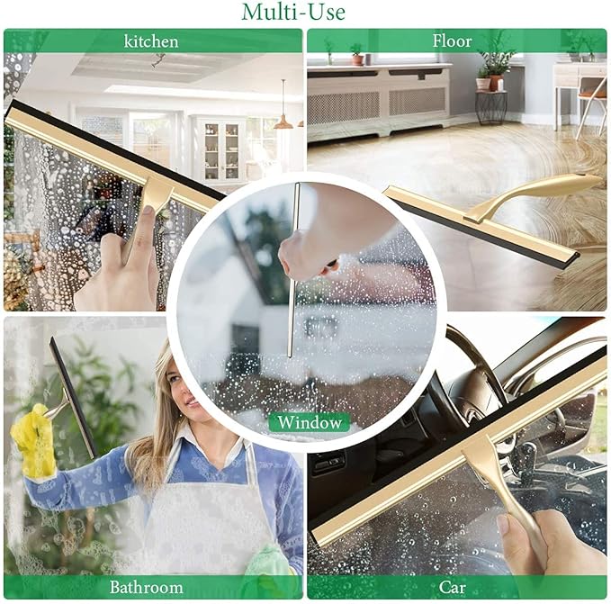 Stainless Steel Squeegee for Shower Doors, All-Purpose Shower Squeegee for Bathroom, Window and Car Glass, 14 Inches Brushed Gold