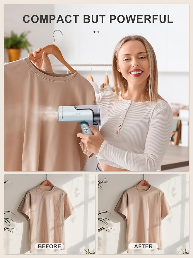 Reemix Portable Garment Steamer, Powerful Foldable Handhled Steamer 1300W, Travel Size Steamer For Clothes 20S Fast Heat-up, Fabric Steamer for Home & Travel, 120V Only (Aqua)