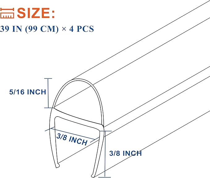 Glass Shower Door Seal Strip, 4 Pack x 39" U for 3/8 Inch Glass Sliding Frameless Shower Door Side Seal, Vertical Shower Door Seal, Ultra Clear Polycarbonate Door Sweep Stop Shower Leaks