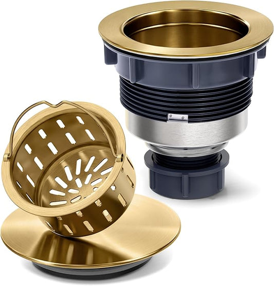 BOTEMY 3-1/2'' Kitchen Sink Drain Assembly Kit,Brass-Finish Sink Drain Strainer with Removable Deep Sink Strainer Basket and Sink Stopper Flat Cover Replacement for Standard Kitchen Sinks