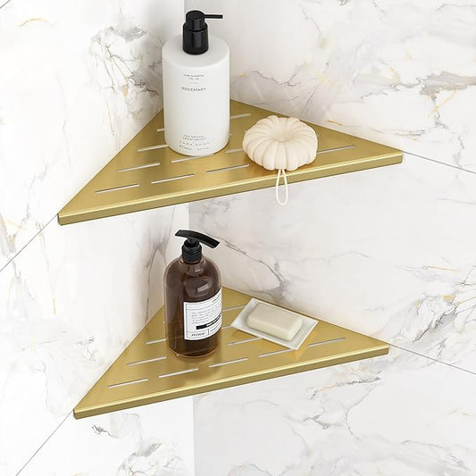 Corner Shower Shelves, 10” Recessed Tile Shower Shelf, 304 Stainless Steel Grout in Corner Tile Shower Shelves, No Drilling, Brushed Golden, 2 Pack