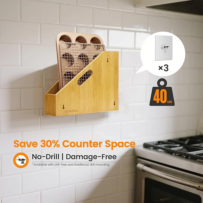 Slim Bamboo Cutting Board Holder & Baking Sheet Organizer, Open-Front Pan & Lid Rack with Handles, Countertop or No-Drill Wall Mount, Kitchen Cabinet & Pantry Organizer