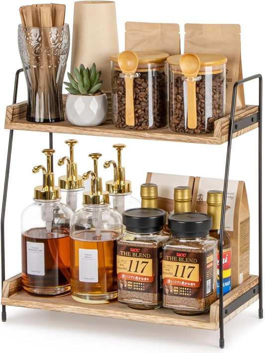 Countertop Coffee Station Organizer, 2 Tier Wooden Shelf for Coffee Bar Accessories, Condiment Storage Caddy for Kitchen, Home, Office - Brown
