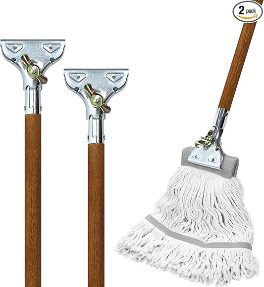59" Mop Claw Clamp Commercial Mop Handle Pack of 2 Industrial Mop Steelhead with Wooden Handle Wet Mops for Floor Cleaning Heavy Duty (Mops not Included)