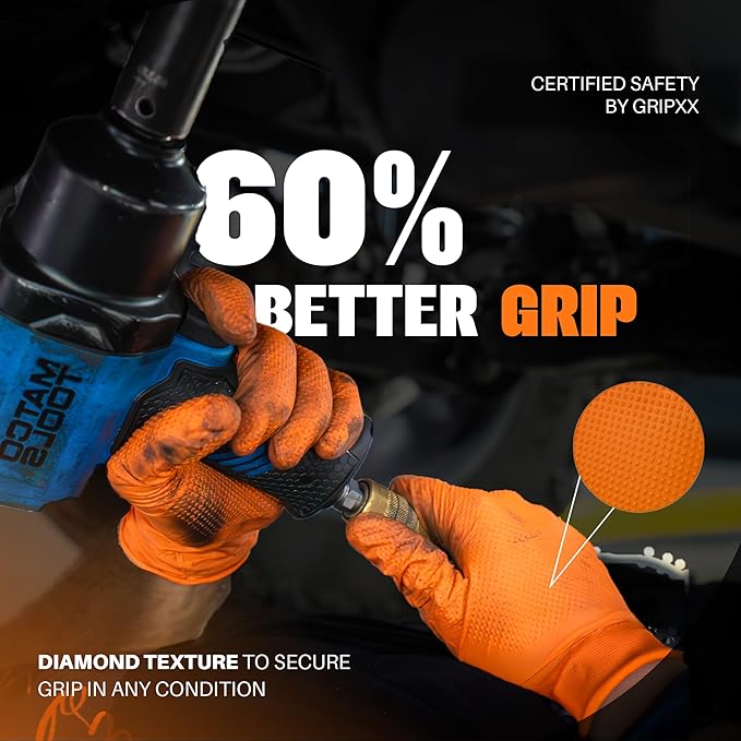 Herkules Grip Heavy Duty 8Mil Orange Nitrile Gloves,3D Raised Diamond Texture-Latex & Powder Free-Industrial, Mechanic (10, XX-Large)