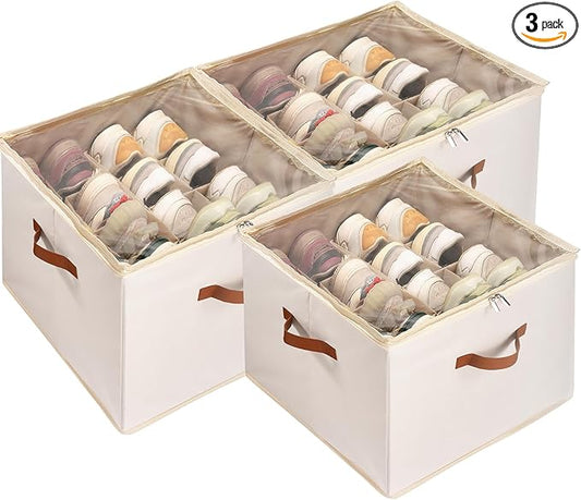Shoe Organizer for Closet, 3 Pack Shoe Storage Bins with Clear Cover, Adjustable Dividers Fits 24-48 Pairs, Beige