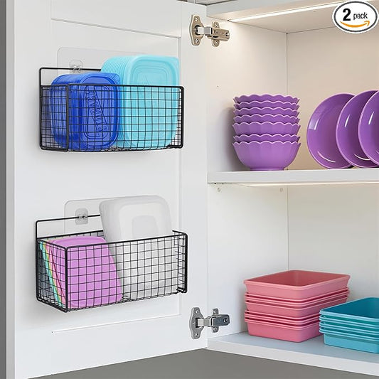 2 Pack Large Adhesive Cabinet Organizer - Lid Organizer Inside Cabinet Wall Mounted Pantry Door Caddy for Food Container Lid Kitchen Under Sink Basket