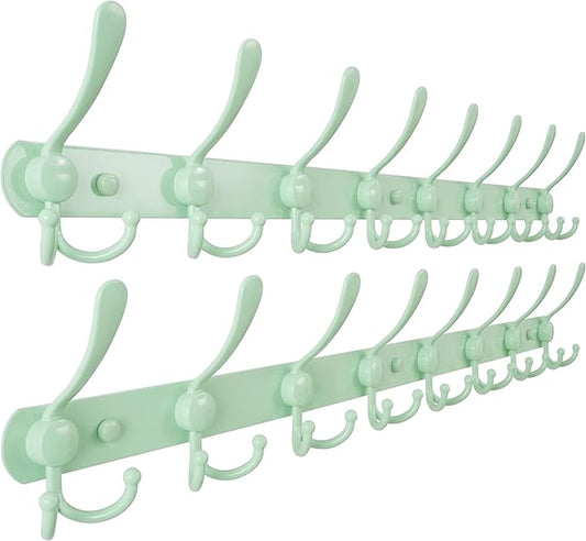 Dseap Coat Rack Wall Mount - 29.5” Long 8-Tri-Hooks Heavy Duty Coat Hanger Rail Wall Hooks for Hanging Coats Hats Clothing Clothes Purse Mudroom Entryway, Green, Pack of 2