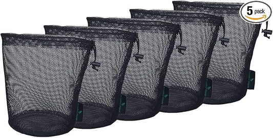 iBasingo 5pcs Black Mesh Nylon Sack With Drawstring - Durable Small Travel Sleeping Bag Stuff Sack for Cosmetics, Shower Gels, Bottles, Tennis Balls, Golf Balls, Tools - BVP03