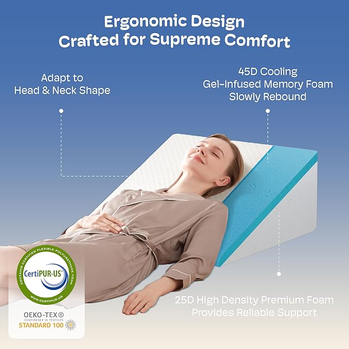 Wedge Pillow, 12" Wedge Pillow for Acid Reflux, Back Pain Relief, Cooling Memory Foam Top, Bed Wedge Pillows for Headboard, Sleeping, Snoring, Back Support, After Surgery.